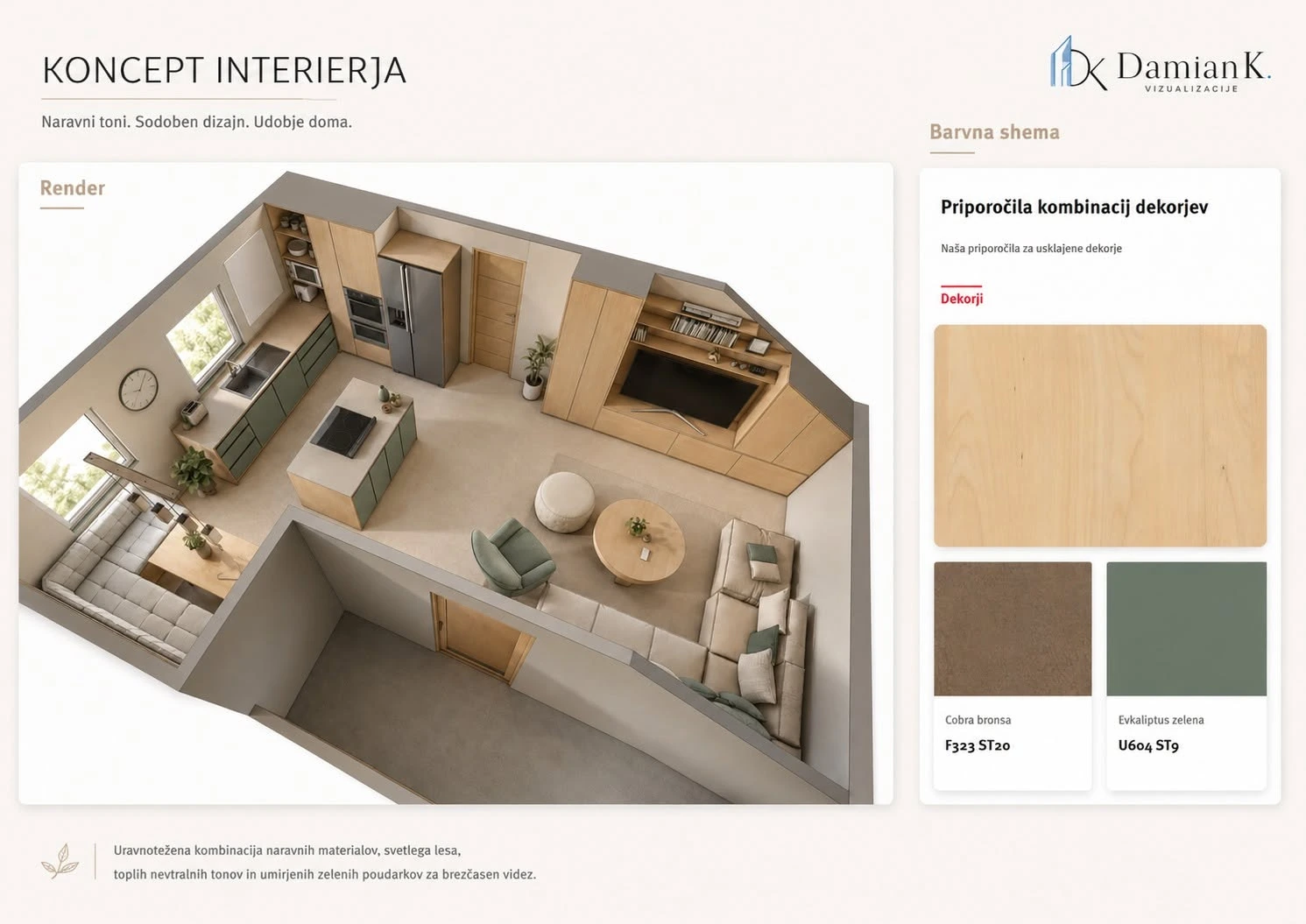 Interior concept board with top-down living and kitchen visualization